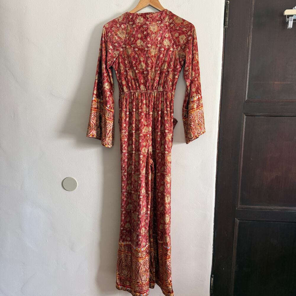 FREE PEOPLE Harper Printed Velvet Orange Flare Bell Sleeve Jumpsuit Extra Small - Picture 8 of 10